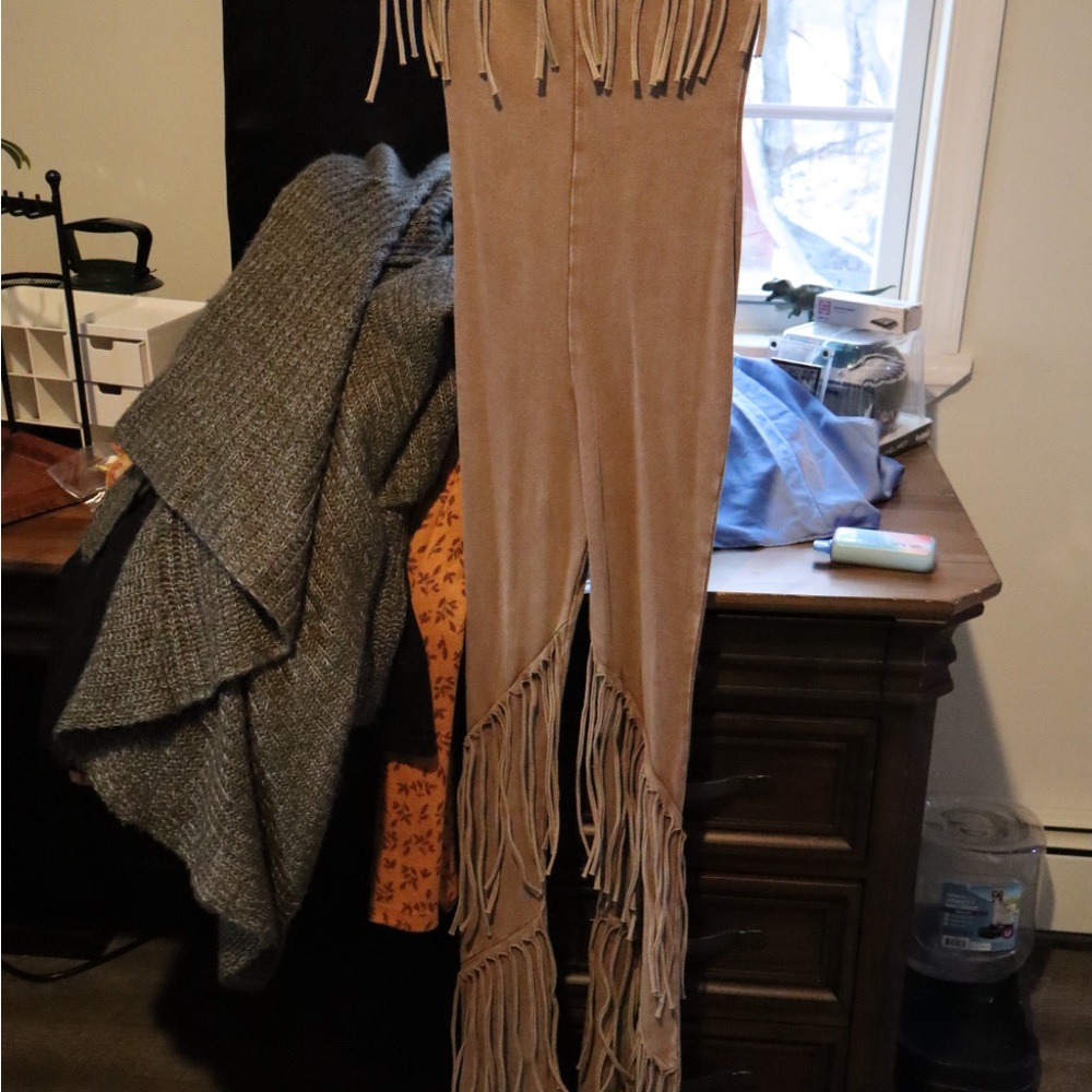 Fashion Nova Tan Fringed Boot Cut Pants